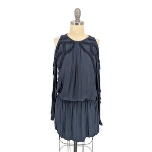 30101 Ramy Brook Satin Ruffle Cold Shoulder Dress Navy Blue size Small bohemian